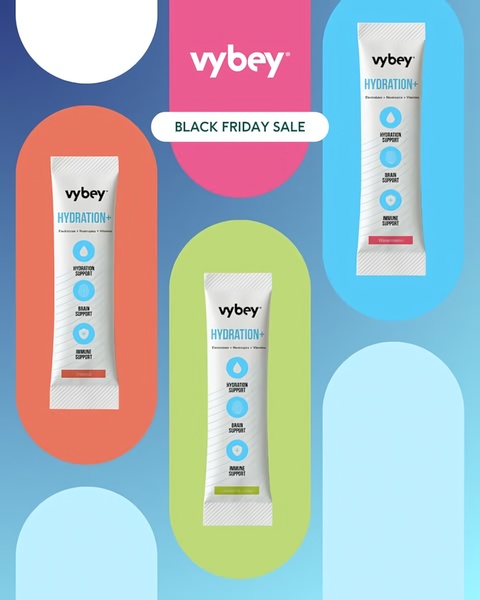 This creative showcases multiple hydration supplement stick packs against a vibrant, color-blocked background with a clear Black Friday sales hook.